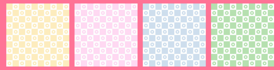 Abstract seamless pattern set. Checkered background retro style with cute daisy or chamomile flowers