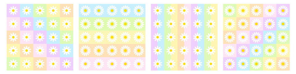 Beautiful rainbow color checkerboard seamless pattern collection with cute daisy flowers