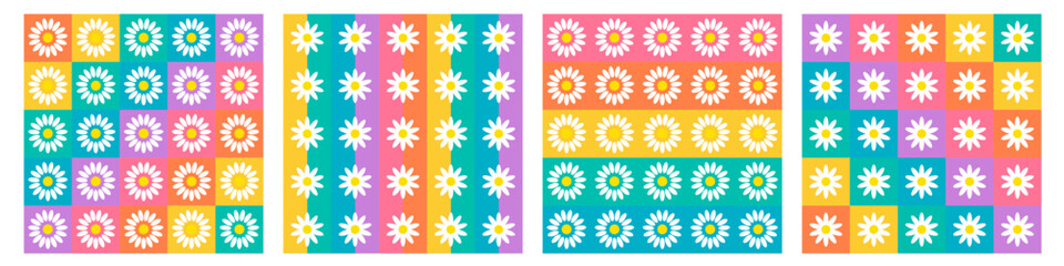 Fototapeta na wymiar Beautiful rainbow color checkerboard seamless pattern collection with cute daisy flowers