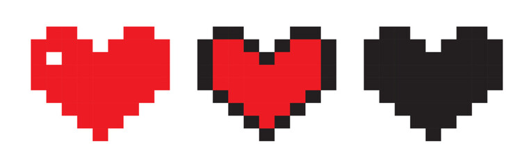 Retro style pixel heart icon collection. Red and black vintage 8 bit love symbol set
