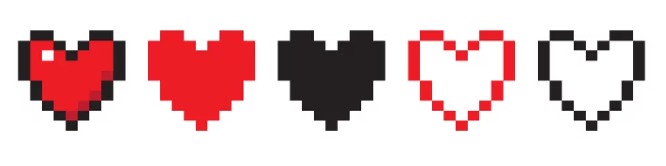 Fotobehang Retro style pixel heart icon collection. Red and black vintage 8 bit love symbol set © Marina