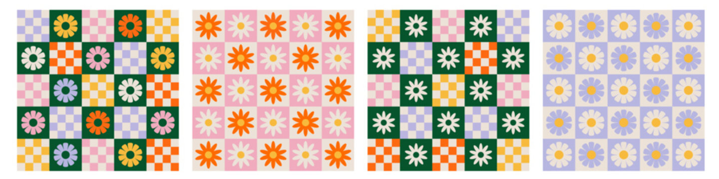 Fototapeta Trendy checkerboard seamless pattern set with daisy flowers. Collection of retro background in style 70s, 80s