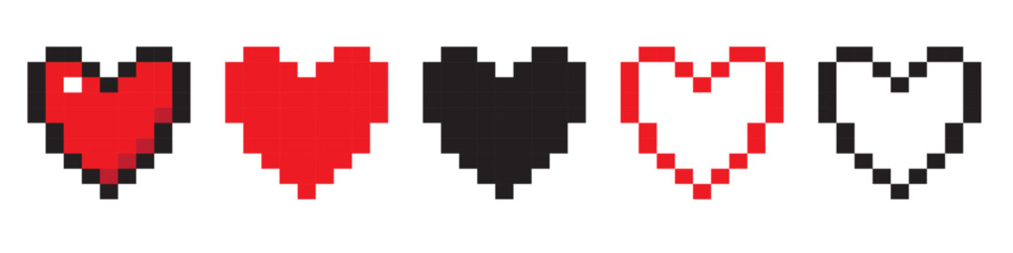 Retro style pixel heart icon collection. Red and black vintage 8 bit love symbol set