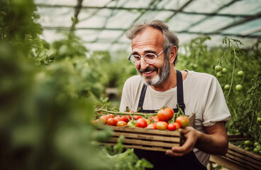 A gardener in his fifties, in his greenhouse producing tomatoes above ground, holding a crate of tomatoes in his hands. Generative ai