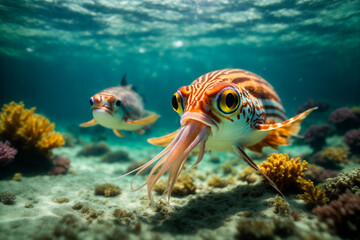 A predator fish swallowed a squid in the underwater kingdom - obrazy, fototapety, plakaty