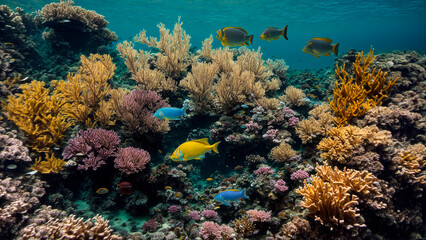 Fototapeta na wymiar Beautiful underwater landscape, corals, beautiful colorful fish, predator fish