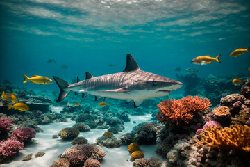 Beautiful underwater landscape, sharks, corals, beautiful colorful fish, sun rays