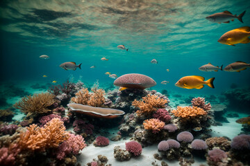 Naklejka na ściany i meble beauty of the ocean, underwater landscape, beautiful corals with yellow fish