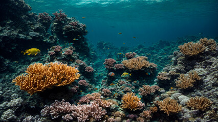Naklejka na ściany i meble clownfish and blue malawi cichlids swimming near coral duncan