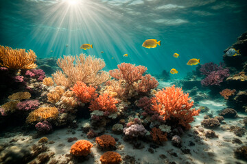 Corals and beautiful yellow fish bask in the rays of the underwater landscape