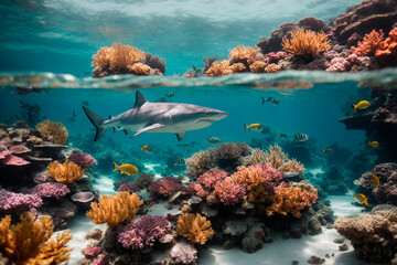 Corals and sharks bask in the rays of the underwater landscape, ocean idyll - obrazy, fototapety, plakaty