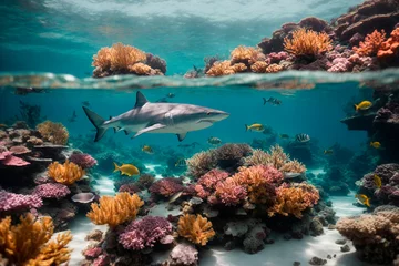 Schilderijen op glas Corals and sharks bask in the rays of the underwater landscape, ocean idyll © Stanislau Vyrvich