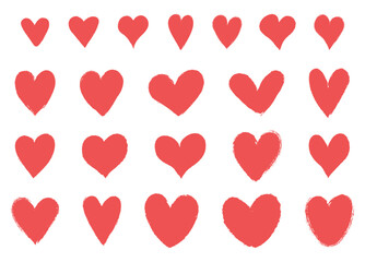 Set isolated abstract different textured hearts on white background. Grunge pencil doodle stroke line. Design vector elements for Valentines day.