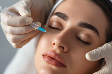 Beauty injection. Syringe near the face of a beautiful woman close up - obrazy, fototapety, plakaty