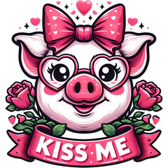 Cute baby pig face with Kiss me quote.