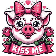Cute baby pig face with Kiss me quote.