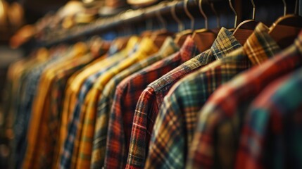 Colorful checkered shirts hanging on a rack in a clothing store - obrazy, fototapety, plakaty