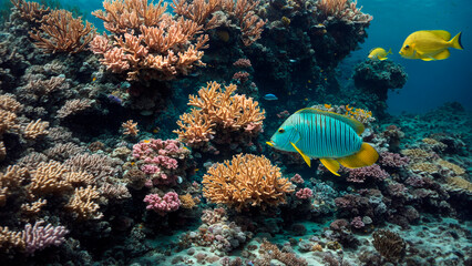 Naklejka na ściany i meble Photo bizarre fish and corals on sand under water in seascape