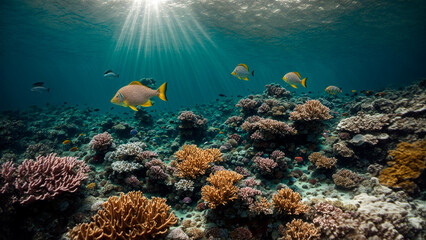 Fototapeta na wymiar Sun rays, underwater landscape, beautiful corals with yellow fish