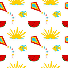 Seamless summer pattern with bright elements such as sun, watermelon, kite, fish.