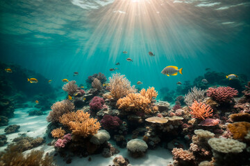 sunny day, underwater landscape, beautiful corals with yellow fish