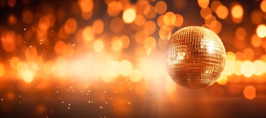 Fototapeta na wymiar disco ball and lights on a blurred bokeh background, horizontal banner, copy space for text. party and music concept
