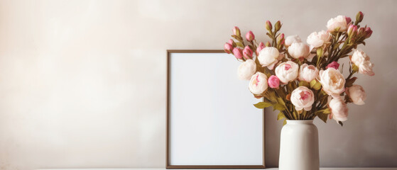 Still life with peonies composition. Mockup with empty frame and vase with flowers. Copy space. Generative AI		