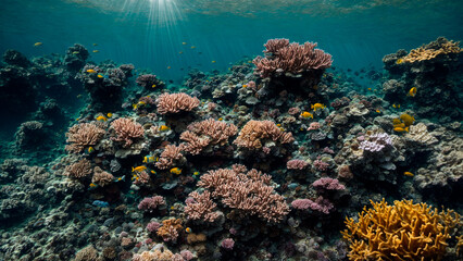 Naklejka na ściany i meble underwater landscape, beautiful corals with yellow fish illuminated by the rays of the sun