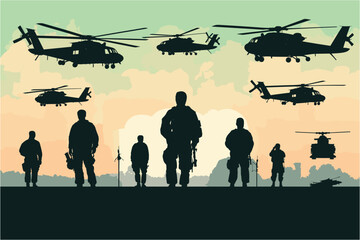 Fototapeta na wymiar Silhouettes of helicopter and soldier, Military Mission at sunrise, Helicopter silhouettes