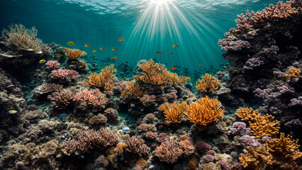 Fototapeta na wymiar underwater scene with coral reef underwater blue tropical seabed with reef and sunbeam