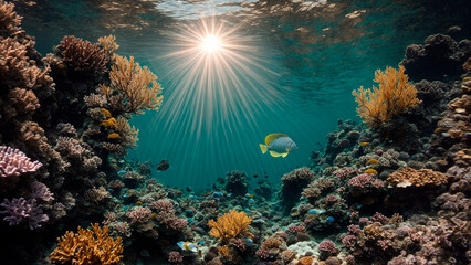 Fototapeta na wymiar Underwater view of the coral reef, tropical waters, marine life. sun rays