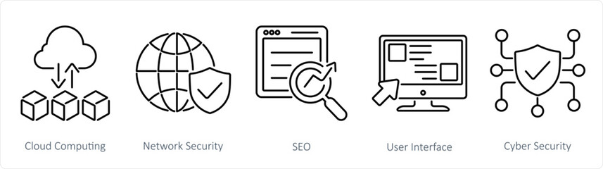 A set of 5 Hard Skills icons as cloud computing, network security, seo