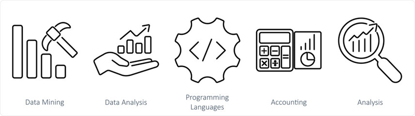 A set of 5 Hard Skills icons as data mining, data analysis, programming languages