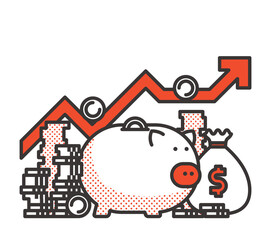 illustration of piggy bank and coin - line art