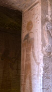 Columns and hieroglyphic drawings inside the temple of Nefertari next to the temple of Abu Simbel in southern Egypt in Nubia next to Lake Nasser. Temple of Pharaoh Ramses II, 4k video