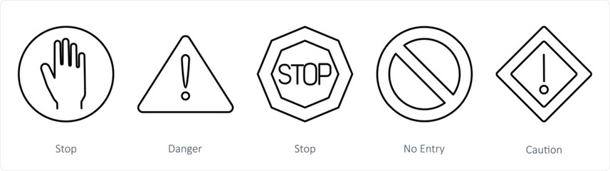 A set of 5 Hazard Danger icons as stop, danger, no entry