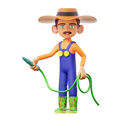 male farmer holding water hose 