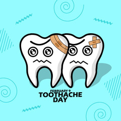 National Toothache Day event banner. Illustration of two aching teeth, with bold text on light blue background to celebrate February 9th