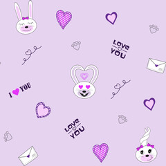 Seamless pattern with bunnies, heart shapes, letters for Valentine's day.