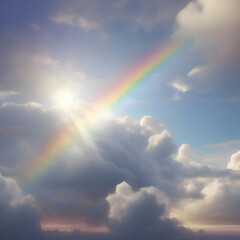 Rainbow in the sky with clouds, and sunlight. Colorful background. 