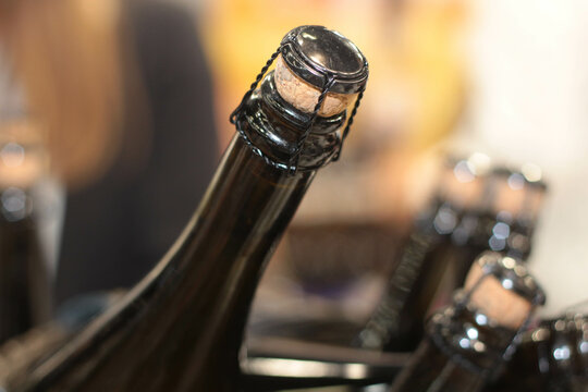 Bottles of brown glass, stock photo. Set of Empty Bottles. Drinks. glass bottles in the basket