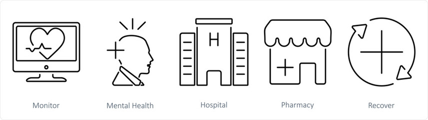 A set of 5 Health Checkup icons as monitor, mental health, hospital