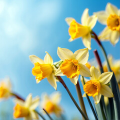 Beautiful floral spring abstract background of nature. Branches of blossoming yellow daffodils macro with soft focus on gentle light blue sky background.