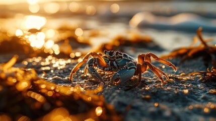 Crab stands alert on a sandy beach at sunset.