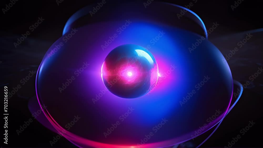 Poster a closeup of a single atom, featuring its nucleus and surrounding electron cloud, revealing the quan