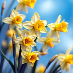 Obraz na płótnie Canvas Beautiful floral spring abstract background of nature. Branches of blossoming yellow daffodils macro with soft focus on gentle light blue sky background.
