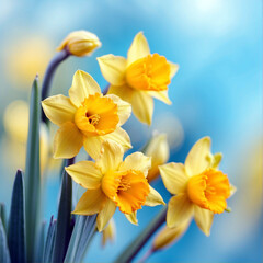 Obraz premium Beautiful floral spring abstract background of nature. Branches of blossoming yellow daffodils macro with soft focus on gentle light blue sky background.