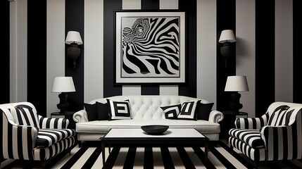 Black and white stripes intersect, forming a classic yet modern backdrop.