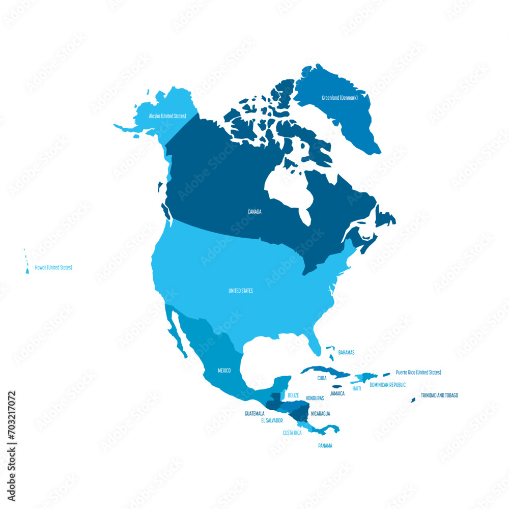 Poster political map of north america. blue colored land with country name labels on white background. orto - Posters
