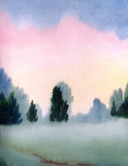 Watercolor landscape. Morning in a summer field